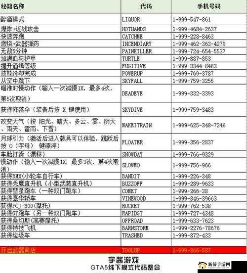 《侠盗猎车手5秘籍大全：代码览表》